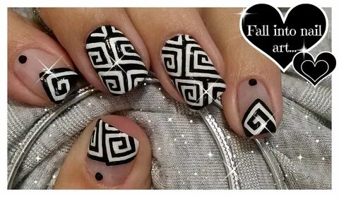 Greek Style Square Spirals Nail Art Black and White Geometri