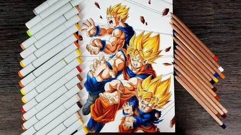Drawing Goku, Gohan and Goten Father Son Kamehameha - YouTub