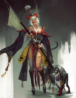 Oni girl Oriental outfit with beast onidog character concept
