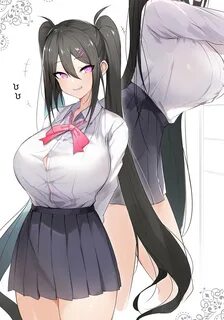 Safebooru - 1girl black hair blush breasts grin hair between