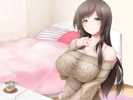 Wallpaper : long hair, anime girls, green eyes, bed, cartoon, black hair, cleava