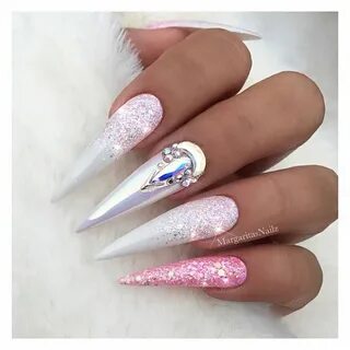 Check it out. White coffin nails, White glitter nails, Ombre