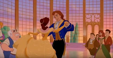 Belle and Prince Adam dancing in a romantic waltz in the bal