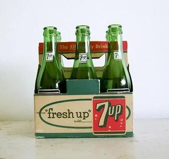 SUMMER SALE - 6 Vintage Green Glass 7up Bottles with Cardboa