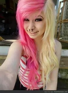 Half blonde, half pink! Blonde scene hair, Pink hair, Emo sc