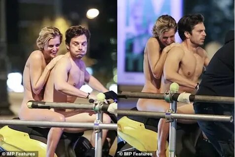 Movie stars Sebastian Stan & Denise Gough ride a scooter thr