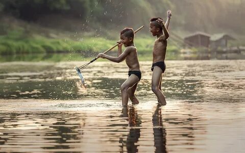Images Fish Boys Children Two Fishing Asian river 3840x2400