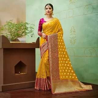 Buy Yellow-Pink Colored Designer Festive Wear Banarasi Silk Saree.