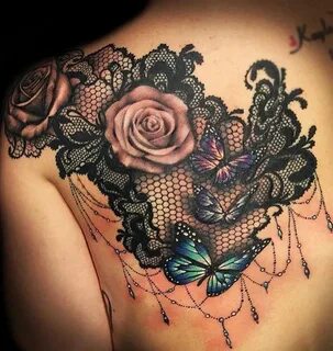 Rose Shoulder Tattoo Ideas with Black Henna Lace Chandelier 