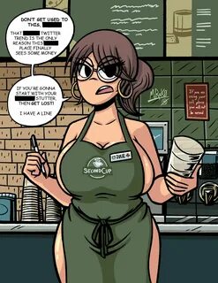 ...angry, apron, brown hair, earrings, glasses, huge breasts, iced latte wi...