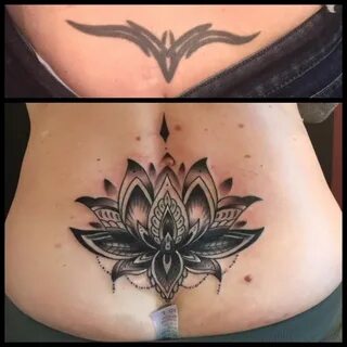 Before and after lower back lotus cover up tattoo Модные тат