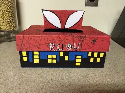 Spider man Valentine shoe box with city skyline. Boys valent