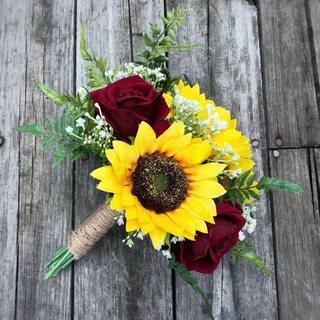 Sunflower Bouquet with Burgundy Real Touch Roses Bridal bouq