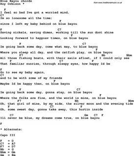 Song Lyrics with guitar chords for Blue Bayou Great song lyr