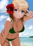 Safebooru - 1girl bikini blue eyes breasts brown hair flower