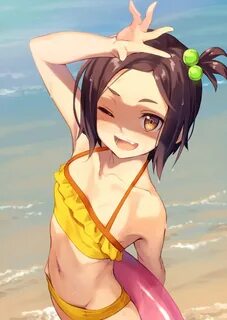 Safebooru - 1girl ;d arm behind back arm up bangs beach biki