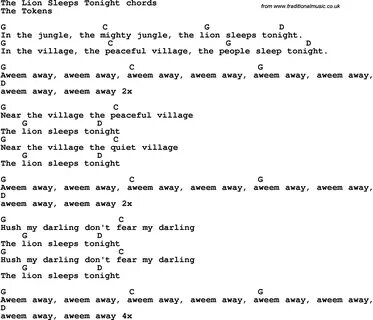 Song lyrics with guitar chords for The Lion Sleeps Tonight E