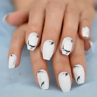 Korean Nail Design White Marble Matte Coffin Fake Nails Blac