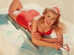 Девушка в красном ретро купальнике на пляже Обои на рабочий 