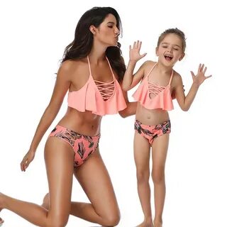 Pudcoco 2019 New Family Matching Swimwear High Waist Pink Fl