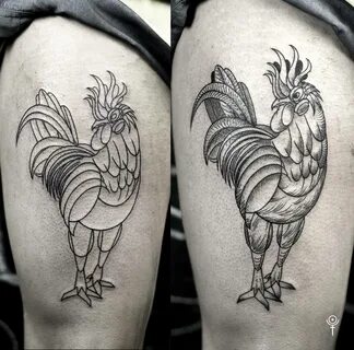 Rooster tattoo on the right thigh.