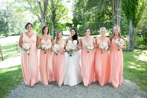 Long Peach Donna Morgan Bridesmaid Dresses