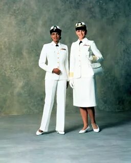 Left, Service Dress White uniform with slacks for women CHIE