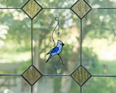 Blue jay stained glass suncatcher Custom stained glass bird 