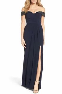 Xscape Off the Shoulder Beaded Gown (Regular & Petite Beaded