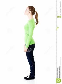 Attractive Woman Standing and Looking Up. Side View. Stock P