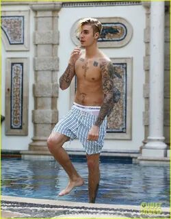 Justin Bieber Goes Shirtless for a Swim at the Versace Mansi