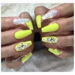 Neon yellow coffin nails spring nail art design #nails #coff