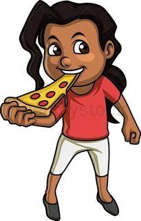 Black Little Girl Eating Pizza Cartoon Clipart Vector - Frie