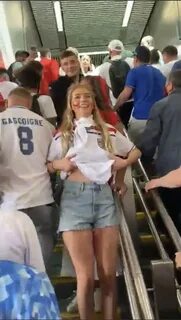 A Female Football Fan From England Flashes Boobs.