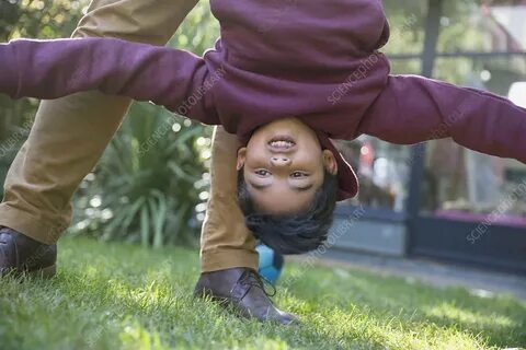 Playful boy hanging upside down - Stock Image - F025/3586 - 