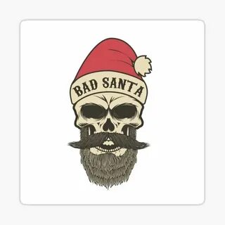"Bad santa. skull in Santa Claus hat with beard, moustache, 