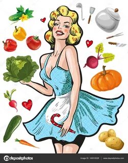 Pin up girl in an apron with vegetables cooking concept Stoc