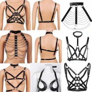 Womens Punk Gothic Faux Leather Body Chest Harness Cage Bra 