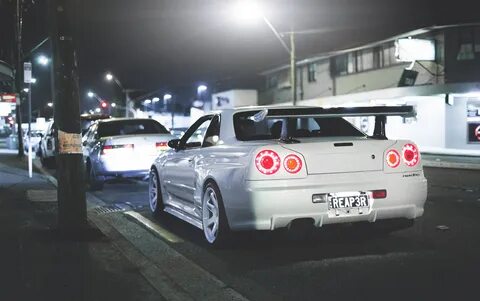 Nissan skyline R34 GT-R Белый Сзади Ночь Автомобили фото авто, машины, маши...