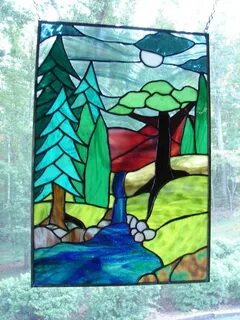 Mountain scene with waterfall. Stained glass completed in 20