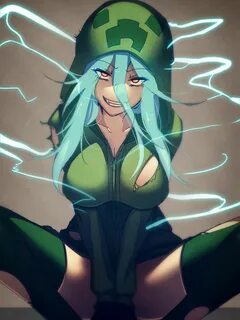 Safebooru - 1girl at2. blue hair breasts charged creeper cle