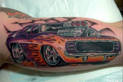 Colored Camaro Car Tattoo On Muscles