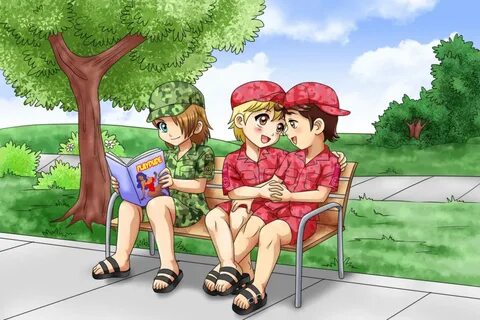 Safebooru - 3boys baseball cap bench blonde hair blue eyes b