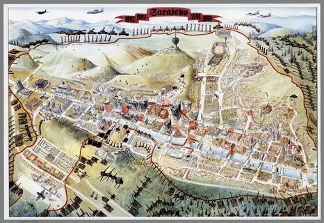 Aerial view pictorial map of the siege of Sarajevo. Sarajevo