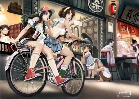 Обои велосипед, конфета, кепка, девушки, кафе, леденец, арт на рабочий стол...