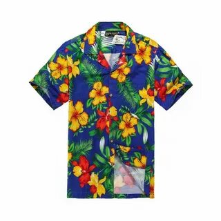 Men Hawaiian Aloha Shirt in Blue with Yellow and Red Floral 