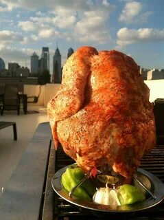 A Beer Can Chicken looks over Philadelphia as he prepares to