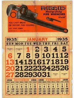 RIDGID Calendar: January 1935. The first RIDGID calendar pag