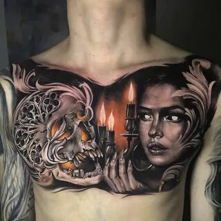 Skull, Woman & Filigree Chest piece tattoos, Picture tattoos