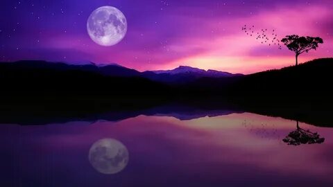 Purple Starry Sky Dusk Full Moon Water Reflection 4K HD Vapo